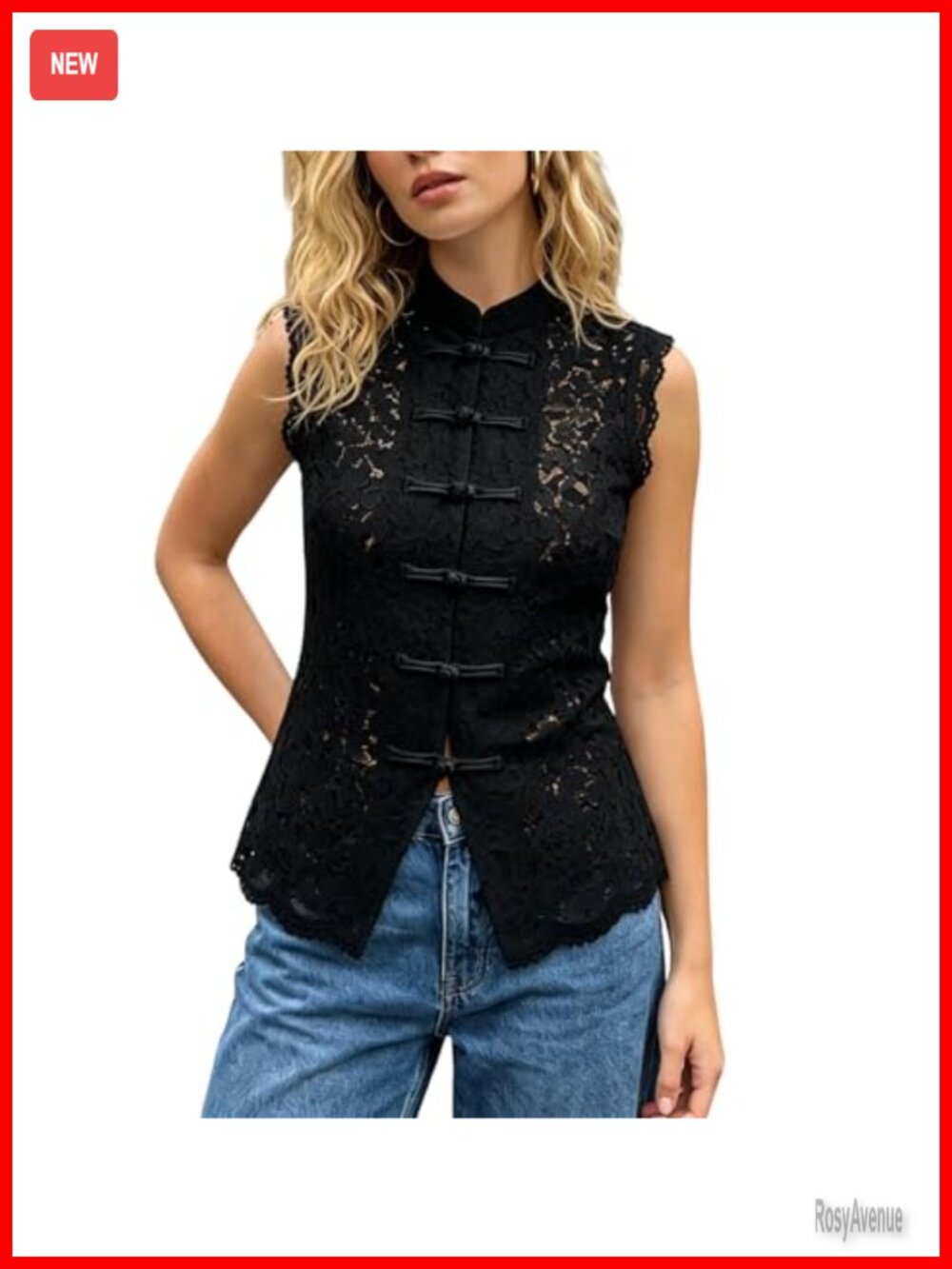 Womens Lace Mandarin Collar Button Down Tank Top Sleeveless Semi Sheer